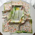 Green and beige silk scarf with orange carnation print floral square wrap for women - Light Green