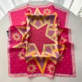 Fuchsia silk-like square scarf featuring bold yellow star prints and purple dot patterns - Rose Red