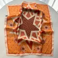 Square silk scarf featuring orange and pink star prints and polka dot geometric design - Dark Brown