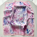 Square satin scarf with French watercolor peony floral print in soft pink and purple tones - Pink