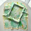 Elegant square satin scarf featuring light green and yellow watercolor floral patterns - Light Green