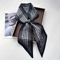 Detailed view of houndstooth silk twilly scarf tied in a bow inside a premium gift box - Black and White Houndstooth Minimalist Retro Style (Style 17)