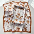 Elegant ivory silk square scarf featuring vintage orange floral prints and wide borders - Dark Brown