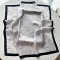 Elegant white square silk scarf with black geometric circles and satin finish - Black