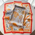 Silk-like square scarf with orange borders and tropical shell prints on cream base - Orange Red