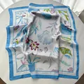 Sky blue square silk scarf with elegant seashell and tropical floral prints for women - Blue