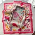 Floral and seashell print satin square scarf in pink and cream for beach styling - Pink