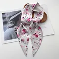 Detailed view of floral silk scarf showing white rose print and gray polka dot backing - Pink-Purple Rose Double-Sided Different Color Style (Style 38)