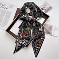 Elegant floral print black satin twilly scarf with Chinese flower pattern for women - Black