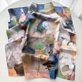 Detail view of artistic floral silk scarf with oil painting pattern on white table - Navy Blue