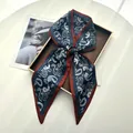 Macro detail of navy paisley silk scarf with burgundy border and vintage floral pattern - Navy Blue Paisley with Red-Brown Border (Style 36)