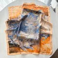 Close-up of artistic oil painting print on smooth satin silk square scarf texture - Khaki