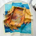 Detailed texture of square silk scarf featuring Van Gogh Sunflowers oil painting print - Sky Blue