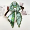 Artistic green landscape oil painting print silk satin skinny scarf for women - Green