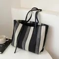 Minimalist large tote bag with black, white and grey wide stripes and leather handles - Grey White Swirl