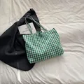 Green and white gingham canvas tote bag featuring a decorative bow knot for commuting - Green