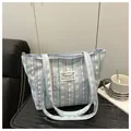 Borsa tote in tela a righe azzurre e viola con doppi manici per uso quotidiano - Blu