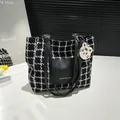 Chic black and white checkered tote bag with fashion gold text and cartoon charm - Black
