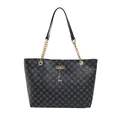 Black monogram tote bag with gold chain shoulder straps and a deer charm pendant - Black