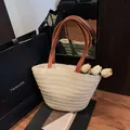 Beige woven straw tote bag with brown leather handles for beach and summer vacations - Beige Without Scarf
