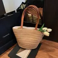 Straw tote bag with brown leather straps and white tulip decoration for beach vacations - Khaki Without Scarf