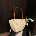 Handwoven cream straw tote bag with brown leather straps and white lace bow decoration - Beige (With Lace Bow)