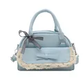 Light blue PU leather shell bag with lace trim and elegant black-white checkered bow - Blue