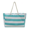 Large blue striped canvas beach tote bag with natural braided rope handles and side pockets - Blue