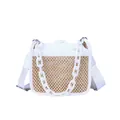 Straw patchwork crossbody bag with chunky white chain and adjustable shoulder strap - White