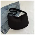 Minimalist black corduroy half-moon shoulder bag with adjustable strap for women - Black