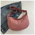 Pink corduroy crescent shoulder bag with adjustable strap in soft candy color - Pink