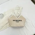 Bolso tote de paja natural con ribete de cuero blanco y bordado de letras negras de moda - Blanco