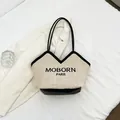 Bolso tote de paja crema con bordado MOBORN PARIS negro y ribetes de cuero sintético - Negro