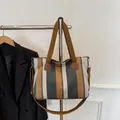 Striped canvas tote bag in brown and grey with adjustable shoulder strap and leather detail - Green