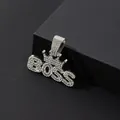Close-up of iced out silver BOSS pendant with crown and shimmering crystal micro-pave - Pendant Only / Silver