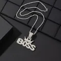 Close-up of hip-hop BOSS crown pendant with iced out rhinestones on a silver rope chain - Pendant + Twist Chain / Silver