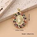 Detail of gold Virgin Mary pendant with colorful cubic zirconia border and dimensions - Oval (B) / Virgin Mary Style (Multicolor Zirconia)