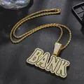 Iced out BANK letter pendant necklace with gold rope chain for hip hop street style - Pendant With Rope Chain / Gold