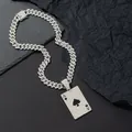 Close-up of hip-hop Ace of Spades pendant with sparkling crystals and Cuban chain link - Silver Cuban Chain Set / Pendant And Cuban Chain (Silver Color)