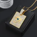 Detail of hip hop gold square pendant with Eye of Horus and crystals on leather stand - Pendant Only (No Chain Included) / Gold