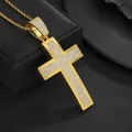 Macro detail of iced-out cross pendant with sparkling crystals on gold rope chain - Pendant Only / Gold