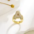 Macro shot of gold plated letter A ring featuring micro-set sparkling white cubic zirconia - Letter A Style / Gold