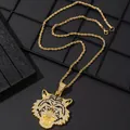 Iced-out tiger head pendant necklace with rhinestones and golden rope chain - Pendant with Rope Chain / Gold