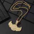 Hip hop style gold rope chain necklace with a large iced out winged circle pendant - Pendant And Rope Chain / Gold