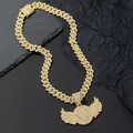 Hip hop iced out cuban link chain with large golden winged medallion and white zircon stones - Pendant And Cuban Link Chain / Gold