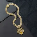 Hip hop cuban chain necklace with a bold iced-out tiger head pendant in golden finish - Pendant + Cuban Chain / Gold