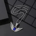 Hip hop style silver angel wings necklace with blue gemstone and micro paved diamonds - Pendant + Twist Chain / Silver