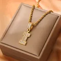 18K gold plated rope chain necklace with iced out cubic zirconia letter I pendant - Letter I / Gold