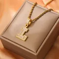 Gold letter L pendant necklace with cubic zirconia and chunky rope chain - Letter L / Gold