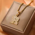 Iced out gold plated letter R pendant necklace with square cubic zirconia and rope chain - Letter R / Gold